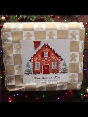 4pc Christmas Checkered Gingerbread Cookie King Bed Sheet Set NEW